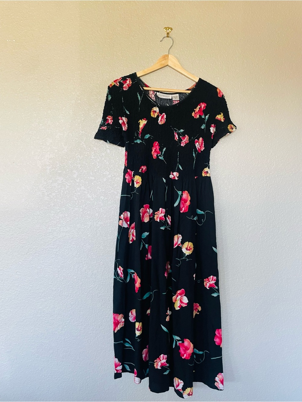 Vintage Black Floral Smocked Midi Dress with Pink & Yellow Blooms